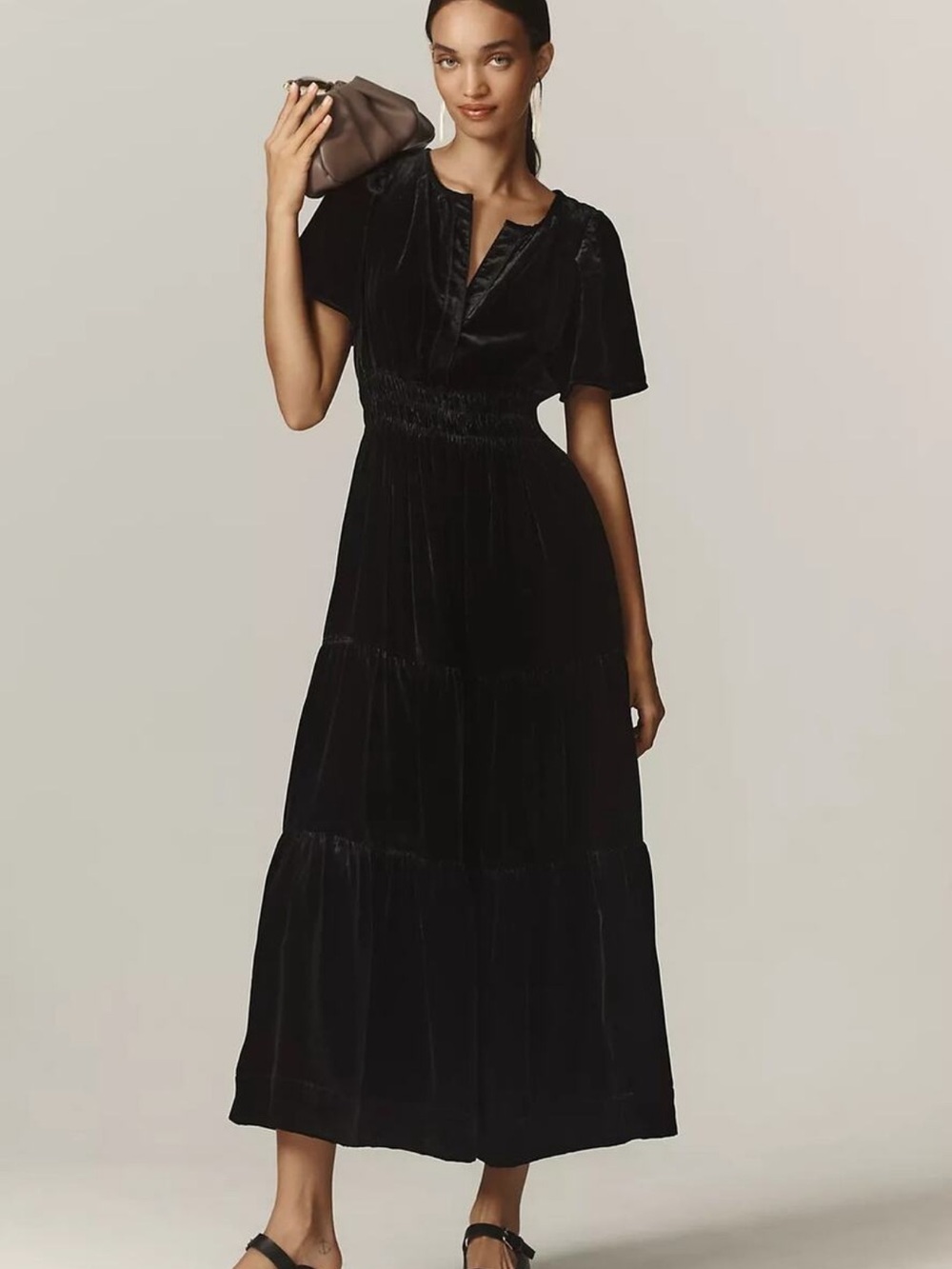 Anthropologie Somerset Velvet Dress Tiered Maxi Fall Holiday Party Black Size Xs